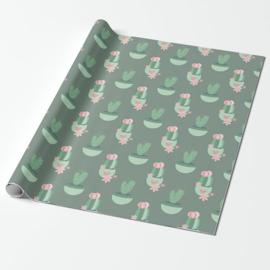 Papier Cadeau Des cactus aux coeurs roses en vert (Déroulé)