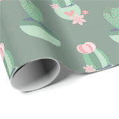 Papier Cadeau Des cactus aux coeurs roses en vert (Coin rond)