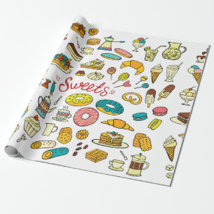 Papier Cadeau Des doodles colorés sucrent la nourriture sur le b