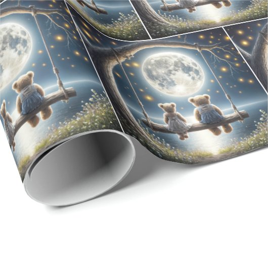 Papier Cadeau Des nounours sur une aile au clair de lune (Coin rond)