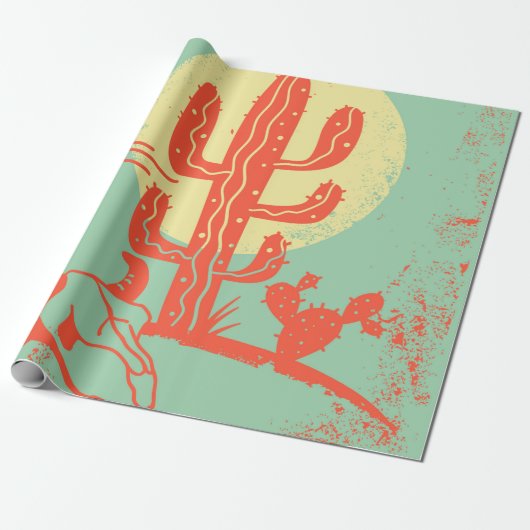 Papier Cadeau Desert landscape with Cactuses and cow skull. Vint (Déroulé)