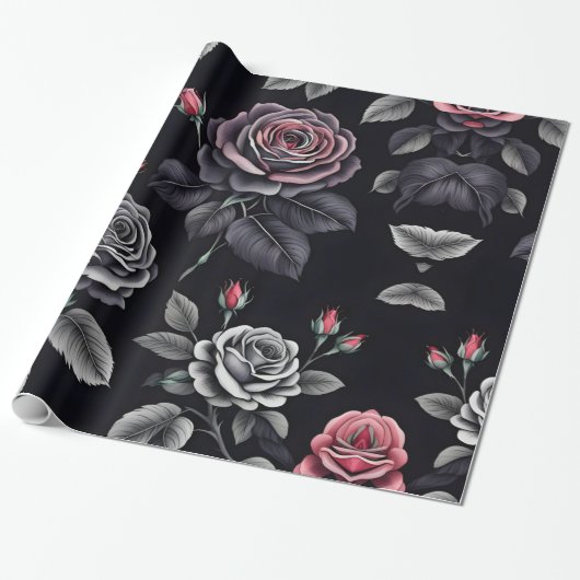 Papier Cadeau Design d'art floral Rose sombre (Déroulé)