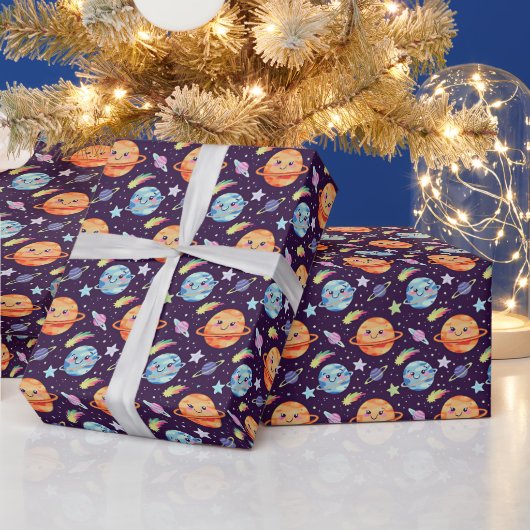 Papier Cadeau Design de l'espace adorable Planètes souriantes et (Vacances)