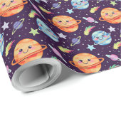 Papier Cadeau Design de l'espace adorable Planètes souriantes et (Coin rond)
