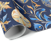 Papier Cadeau Design décoratif bleu et or Noël (Coin rond)