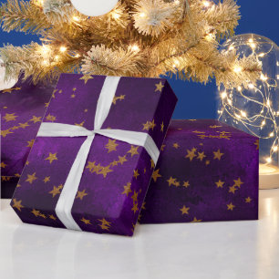 Papier Cadeau Design élégant violet céleste avec étoiles dorées