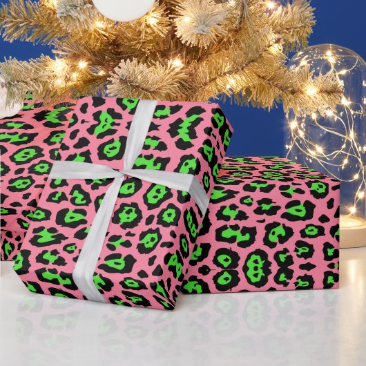 Papier Cadeau Design empreinte de léopard néon vert rose tendanc (Vacances)
