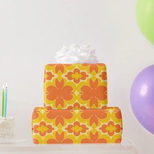 Papier Cadeau Design floral orange rétro sur moutarde jaune