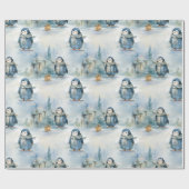 Papier Cadeau Design hivernal de pingouins mignons, peint comme  (Plat)