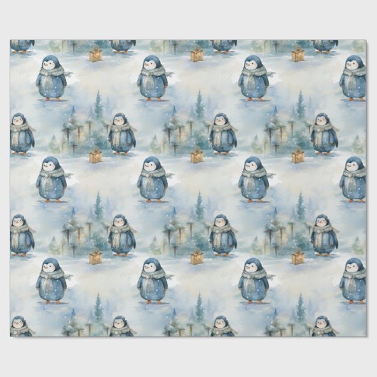 Papier Cadeau Design hivernal de pingouins mignons, peint comme  (Plat)