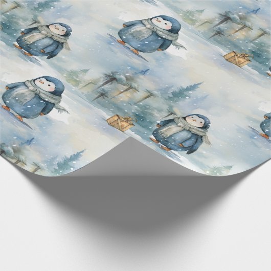 Papier Cadeau Design hivernal de pingouins mignons, peint comme  (Coin)