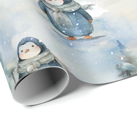 Papier Cadeau Design hivernal de pingouins mignons, peint comme  (Coin rond)