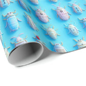 Papier Cadeau Design insectes bonbons pastel sur fond bleu vif (Coin rond)