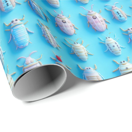 Papier Cadeau Design insectes bonbons pastel sur fond bleu vif (Coin rond)