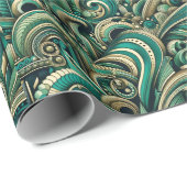 Papier Cadeau design motif abstrait des années 1970, vert émerau (Coin rond)