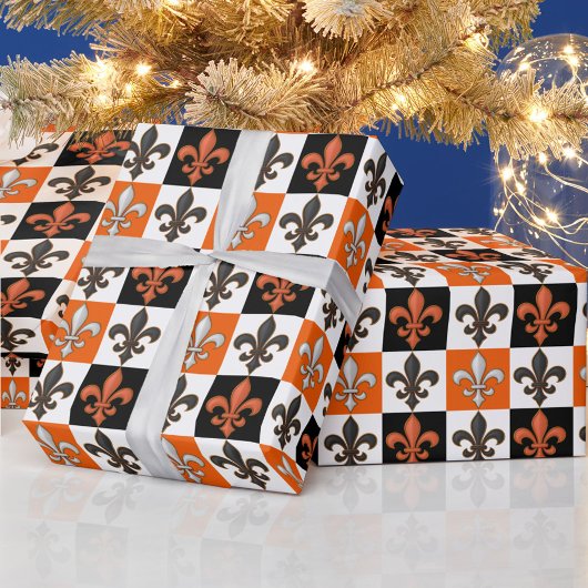 Papier Cadeau Design Orange Noir Blanc À damiers Fleur de lis