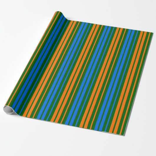 Papier Cadeau Dessin à rayures verticales vert orange bleu (Déroulé)