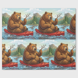 Papier Cadeau Dessin animé d'ours grizzly drôle en kayak