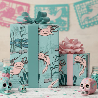 Papier Cadeau Dessin Axolotal pour enfants vert et rose pâle sou