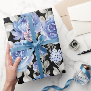 Papier Cadeau dessin botanique aquarelle bleue vintage unique