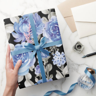 Papier Cadeau dessin botanique aquarelle bleue vintage unique