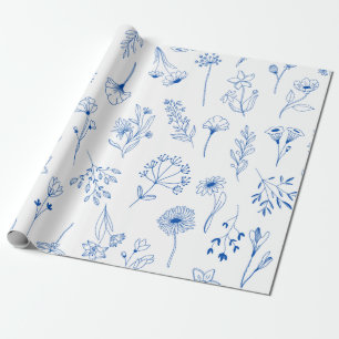 Papier Cadeau Dessin de jardin mixte de la ligne bleue Fleurs