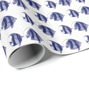 Papier Cadeau Dessin de poisson tropical vintage rayé bleu