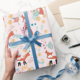 Papier Cadeau Dessin floral rose renard mignon