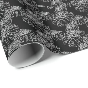 Papier Cadeau Dessin minimaliste à trait floral blanc noir