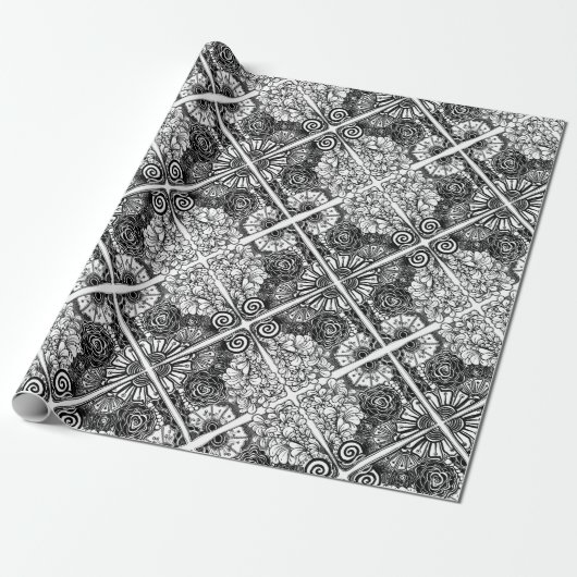 Papier Cadeau Dessin Motif Floral Noir Et Blanc (Déroulé)