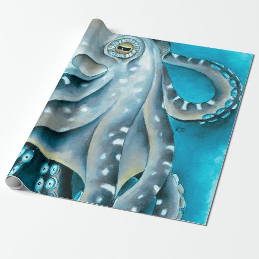 Papier Cadeau Détails de l'aquarelle bleue octopus (Déroulé)