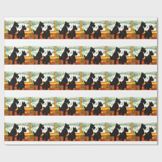 Papier Cadeau Deux Chiens écossais en attente du Père Noël (Plat)