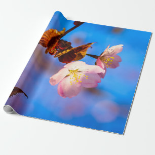 Papier Cadeau Deux Fleurs Sakura En Bleu