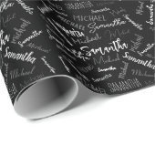 Papier Cadeau Deux noms couple motif monogramme noir gris blanc (Coin rond)