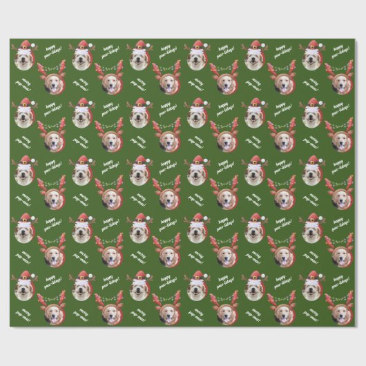 Papier Cadeau Deux rennes photo de chien Joyeux Noël vert (Plat)