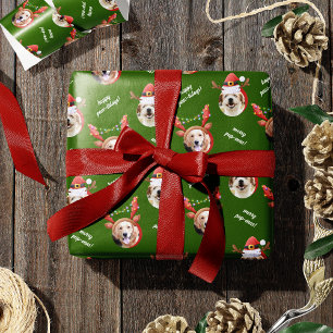 Papier Cadeau Deux rennes photo de chien Joyeux Noël vert