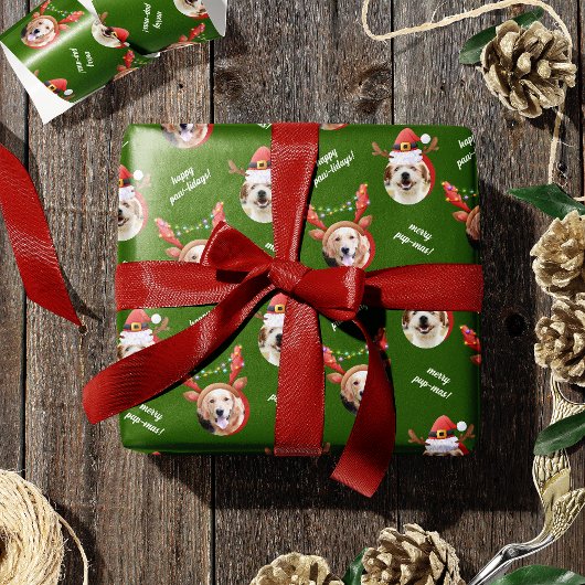 Papier Cadeau Deux rennes photo de chien Joyeux Noël vert