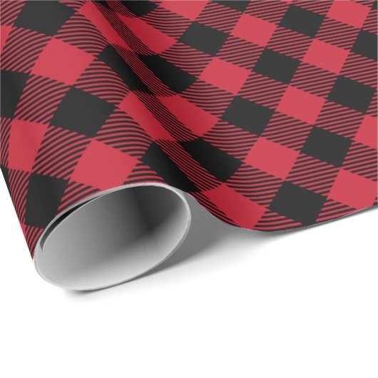 Papier Cadeau Diagonal Buffalo Plaid Rouge Noir Classique Noël (Coin rond)