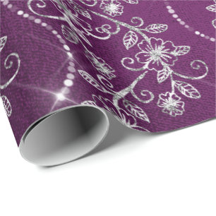 Papier Cadeau Diamants brillants Argent Floral Violet Gris Plum