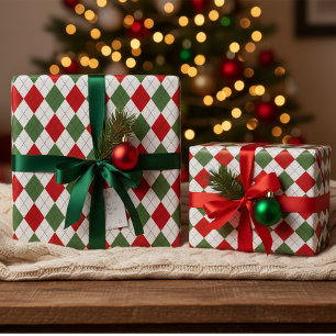 Papier Cadeau Diamants de Jacquard de Noël rouge et vert classiq