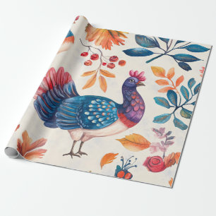 Papier Cadeau Dinde de Thanksgiving rustique, motif d'art folklo