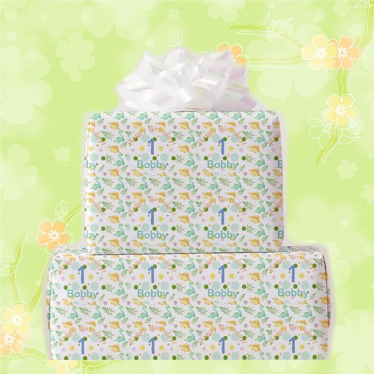Papier Cadeau Dino Party Cute Dinosaur Anniversaire Nom et âge d