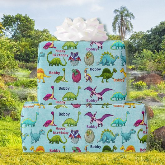Papier Cadeau Dinosaur Anniversaire Fête Ajouter Nom du garçon