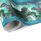 Papier Cadeau Dinosaur Island Joyeuse fête d'anniversaire (Coin rond)