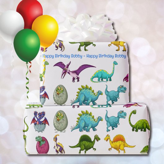 Papier Cadeau Dinosaur Joyeux Anniversaire Personnaliser le nom
