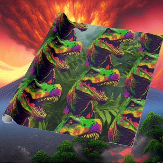 Papier Cadeau Dinosaur Jungle Vert Anniversaire Enfants