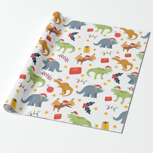 Papier Cadeau Dinosaur Noël Motif de chapeau, blanc (Déroulé)