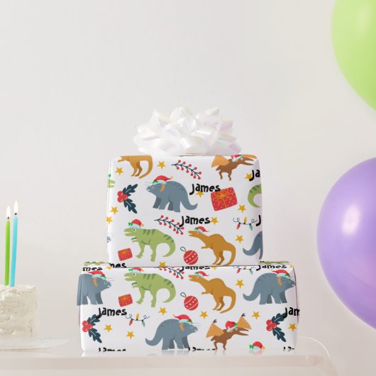 Papier Cadeau Dinosaur Noël Père Noël Motif & Nom personnalisé (Cadeaux de fête)