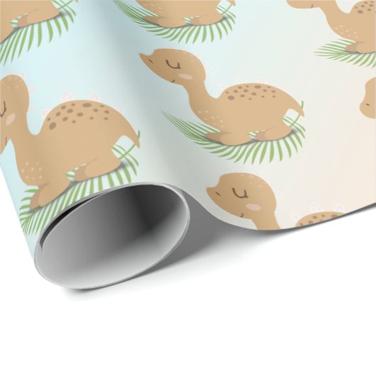 Papier Cadeau Dinosaure bébé sur la feuille et arc-en-ciel (Coin rond)