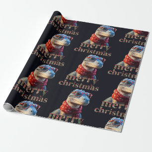 Papier Cadeau dinosaure bleu portant une écharpe de Noël
